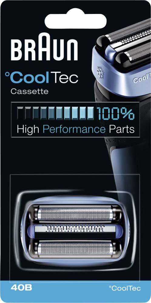Egy Braun °CoolTec borotvabetét termékének csomagolása. Bemutat egy cserélhető kazettát, és kiemeli a '100% nagyteljesítményű alkatrészeket'.