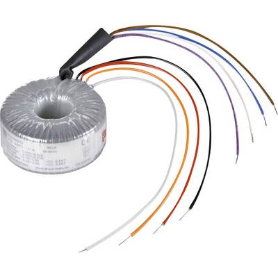 Egy gyűrűs magos transzformátor több színes kábellel, elektronikai készülékekhez történő csatlakoztatásra alkalmas.