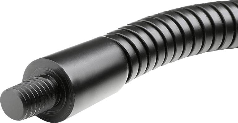 Egy fekete, rugalmas, bordázott tömlő menettel a végén, amely alkalmas kábelvédelemre vagy ipari felhasználásra.