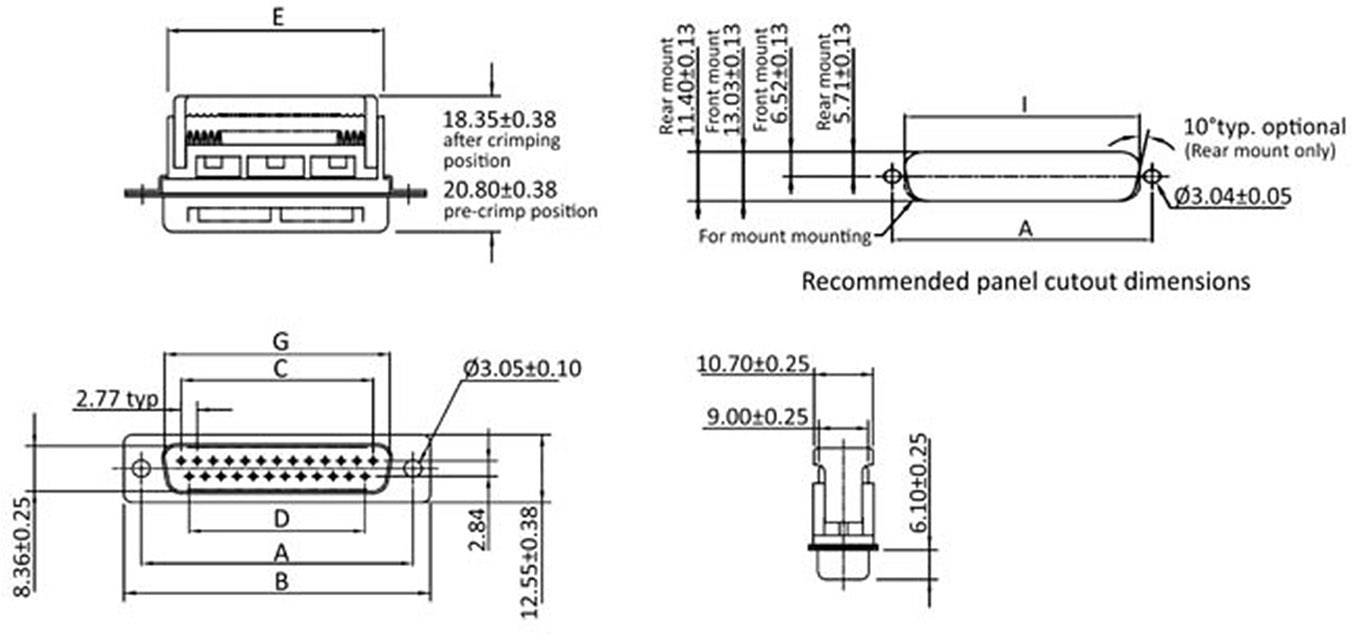 'Csatlakozó-diagram méretekkel a házba szereléshez. Magasságot, szélességet, mélységet és metszeti részleteket mutat. Ajánlott kivágási méretek feltüntetve.'