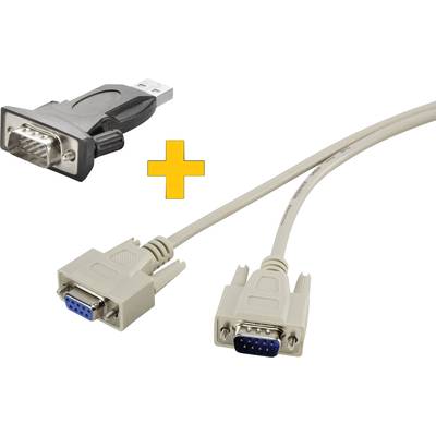 USB 2.0 - soros csatlakozó adapter kábel, 1x USB 2.0 dugó A - 1x D-SUB dugó, 9 pól., fekete, aranyozott, Renkforce
