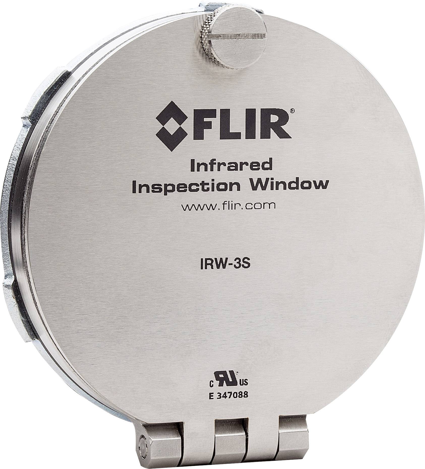 Kerek, ezüstös felületű ellenőrző ablak, amelyen a 'FLIR Infrared Inspection Window IRW-3S' gravírozás látható. Infravörös felügyeletre alkalmas.