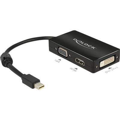 Fekete adapter Mini DisplayPort-csatlakozóval és három porttal: VGA, HDMI és DVI. Videóátvitelre alkalmas.