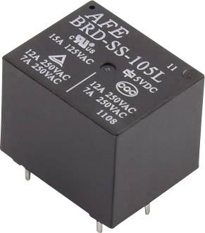 A kép egy fekete négyzet alakú relét mutat, amelyen a következő felirat olvasható: 'AFE BRD-SS-105L 5VDC 15A 125VAC 12A 250VAC 7A 250VAC'.