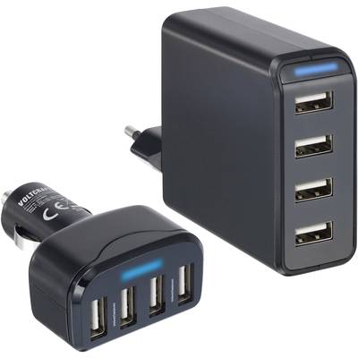 USB töltő készlet, hálózati USB töltő és szivargyújtó USB töltő 4 aljzattal max.4800 mA VOLTCRAFT CPAS-4800/4