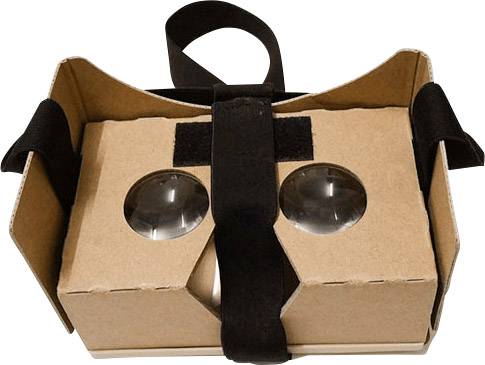 Karton VR-szemüveg két műanyag lencsével és fekete szíjjal, összehajtható okostelefon használatához.