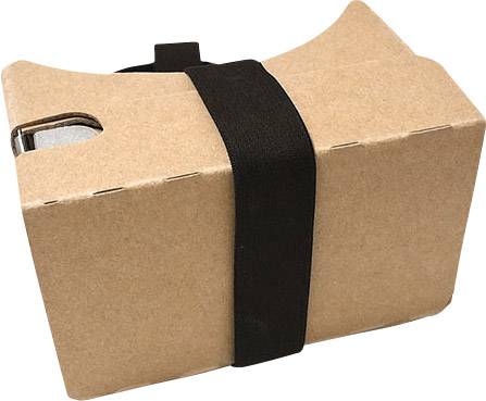 Fekete gumiszalaggal ellátott karton VR-szemüveg, amelybe okostelefon helyezhető virtuális valóság élmény biztosítására.