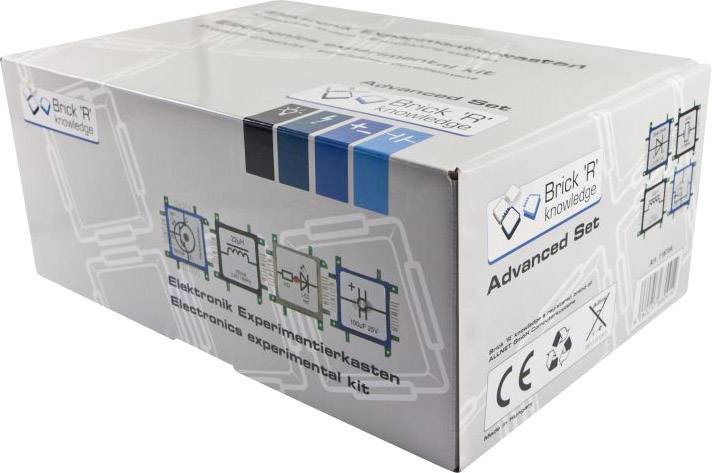 Egy karton "Elektronikai kísérleti doboz" felirattal. A csomagolás áramköröket és műszaki szimbólumokat ábrázol.