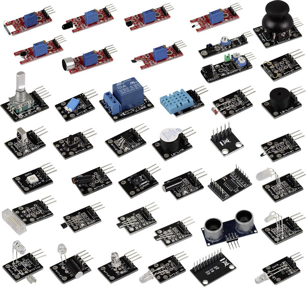 Különböző elektronikai érzékelők és modulok elrendezése. Tartalmaznak potenciométereket, relék, nyomógombok és ultrahangos szenzorok.