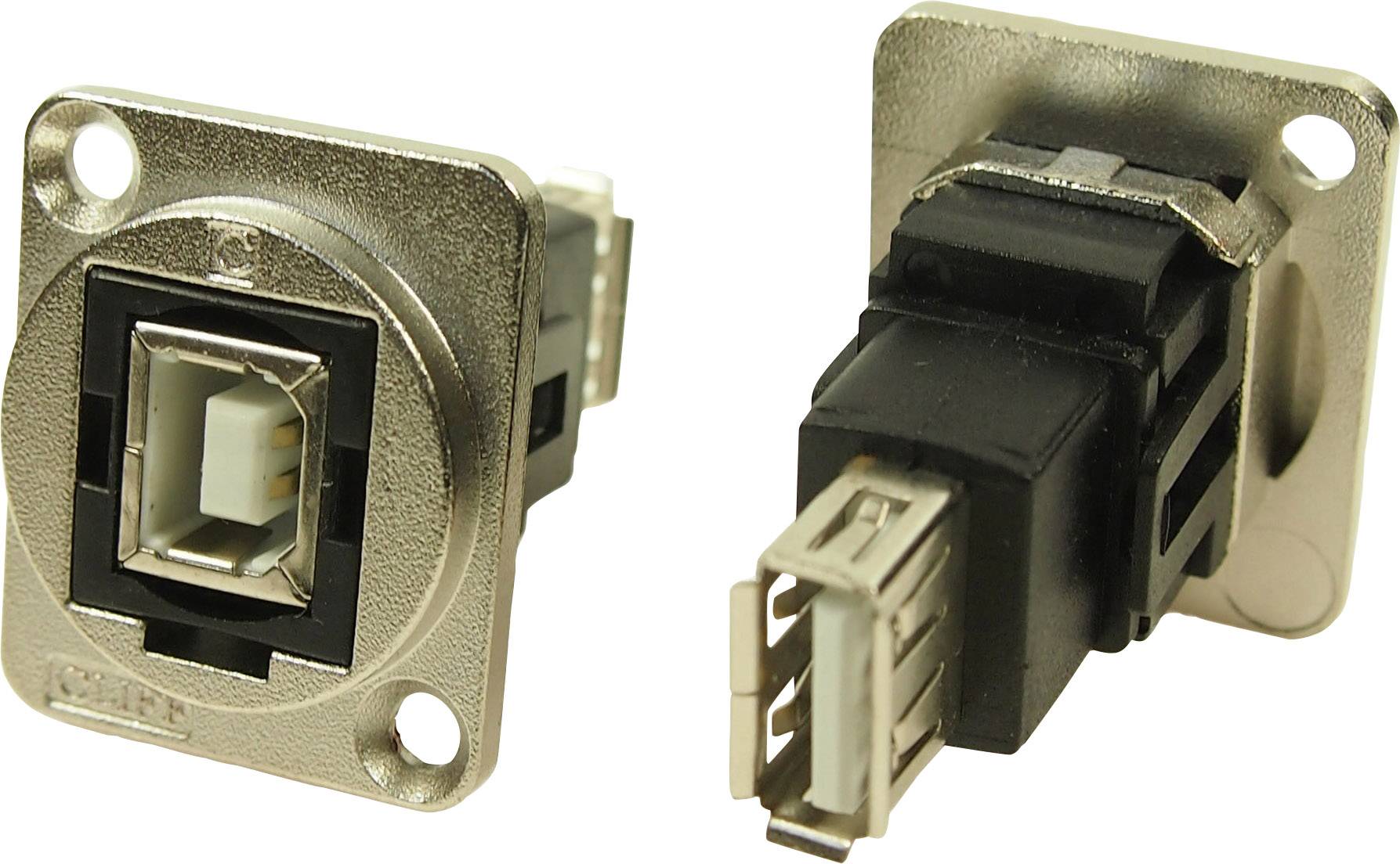 Két USB-csatlakozó: egy négyzet alakú USB-B port és egy hozzá illő dugasz, mindkettő fémkerettel panel-szereléshez.