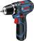Egy kék Bosch akkumulátoros fúrócsavarozó piros kioldóval, fekete fogantyúval és fúrófejes kivitelben. Alkalmas professzionális szakipari munkákhoz.