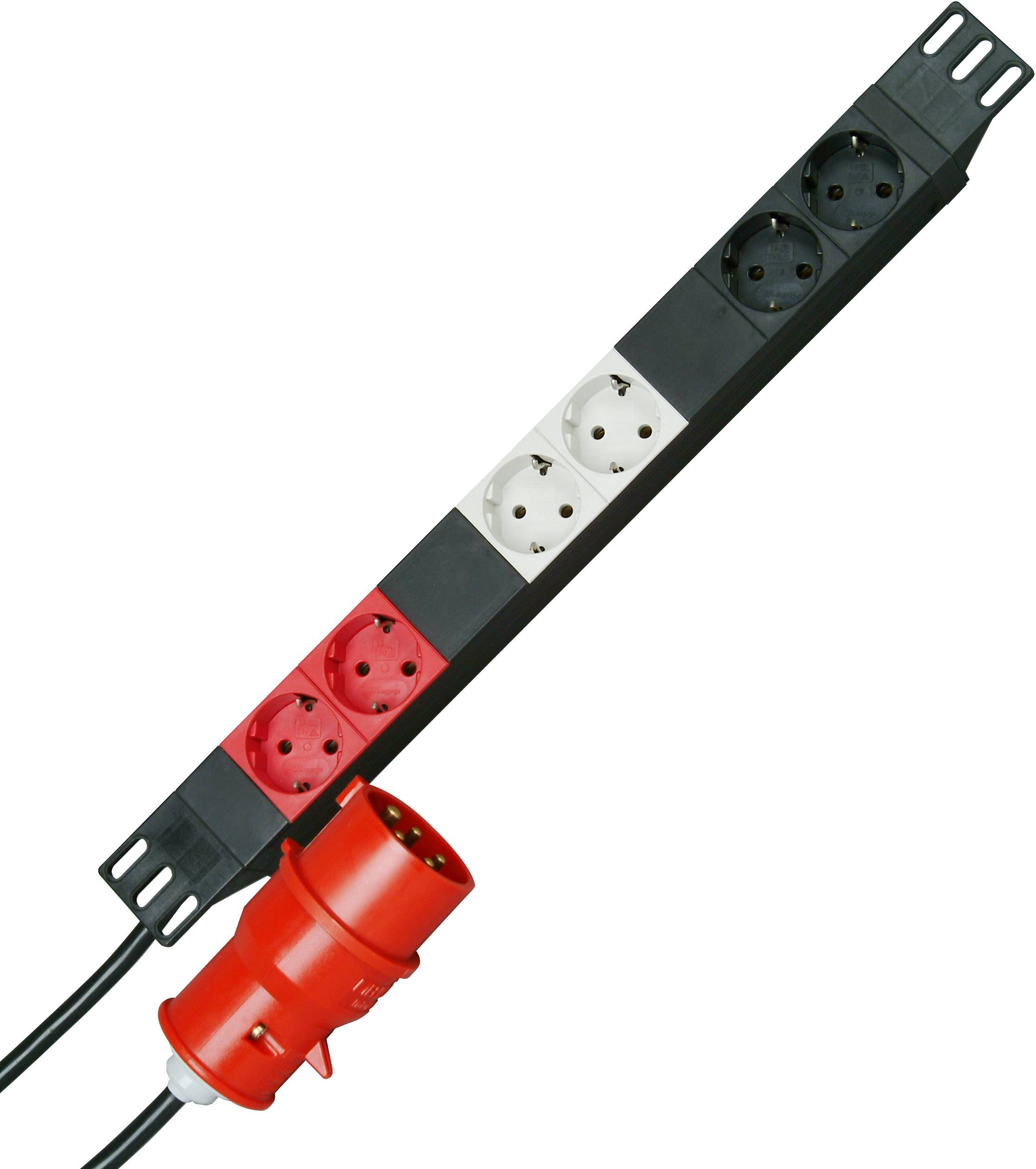 Hálózati elosztó kilenc csatlakozóval három színben: fekete, fehér, piros. A kábel végén egy nagy piros dugó található.
