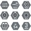 Nyolc hatszög szimbólum mutatja a műszaki jellemzőket: teljesítmény, hatótávolság, világítási idő, akkumulátor típusa, védelmi fokozat és 3 év garancia.