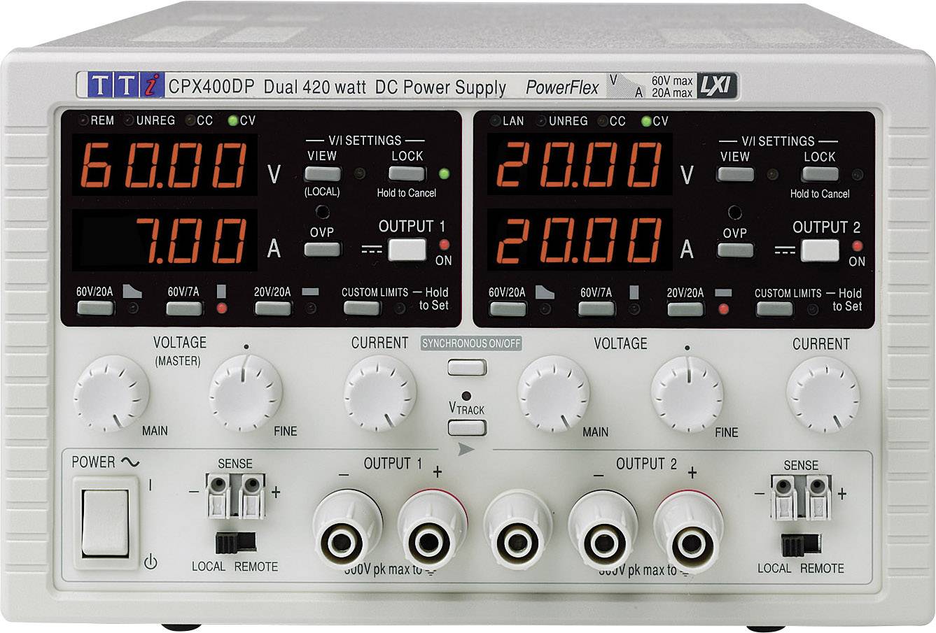 Aim TTi CPX400DP Labortápegység, szabályozható Kalibráció (ISO) 0 - 60 V/DC 0 - 20 A 840 W GPIB, LAN, LXI, RS-232, USB Kimenetek száma 2 x