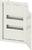 Egy nyitott, fehér elosztószekrény két vízszintes sínnel elektromos komponensek szerelésére, nyitott ajtóval.