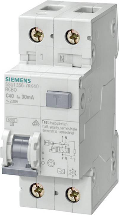 Egy Siemens típusú áramvédő-kapcsoló, RCBO 5SU1 356-7KK40 modell, 40A névleges áramerősséggel és 30mA-es kioldási érzékenységgel.