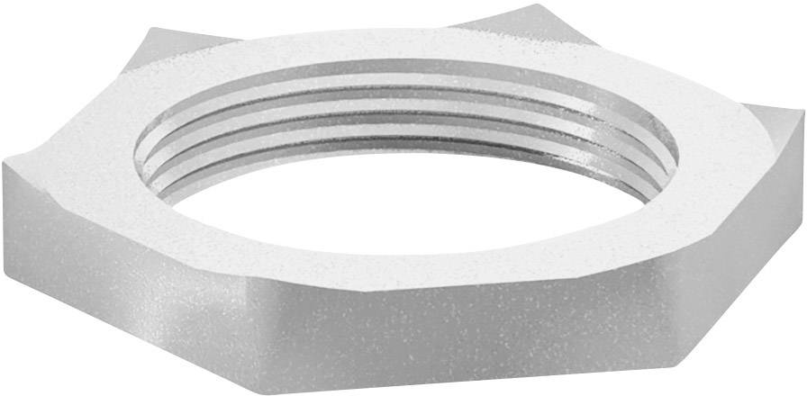 Hatszögletű anyacsavar menettel, ezüstszínű, fehér háttér előtt. Felülete sima és fényes.