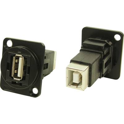 Két USB-A-csatlakozó fekete, téglalap alakú tartóban, különböző nézetekből; egy elölnézet, egy oldalnézet.