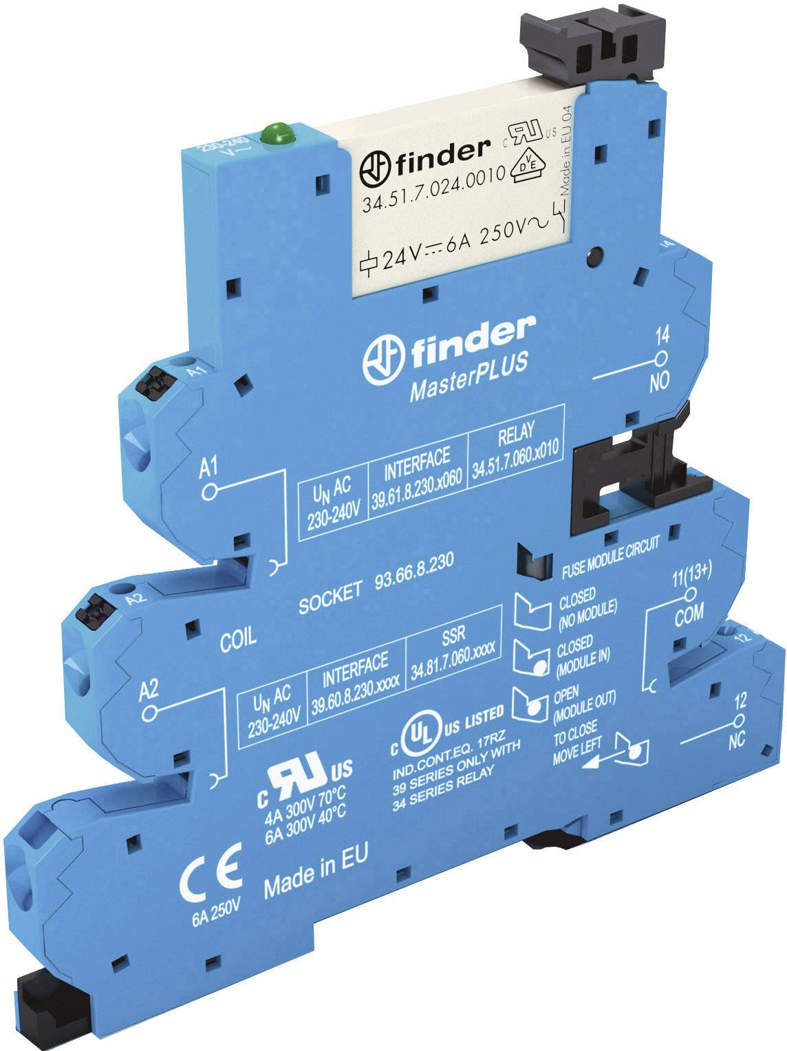 Egy kék Finder relé modul, MasterPLUS modell, műszaki adatokkal a feszültségre vonatkozóan (24V=, 6A, 250V~) és CE-jelöléssel.