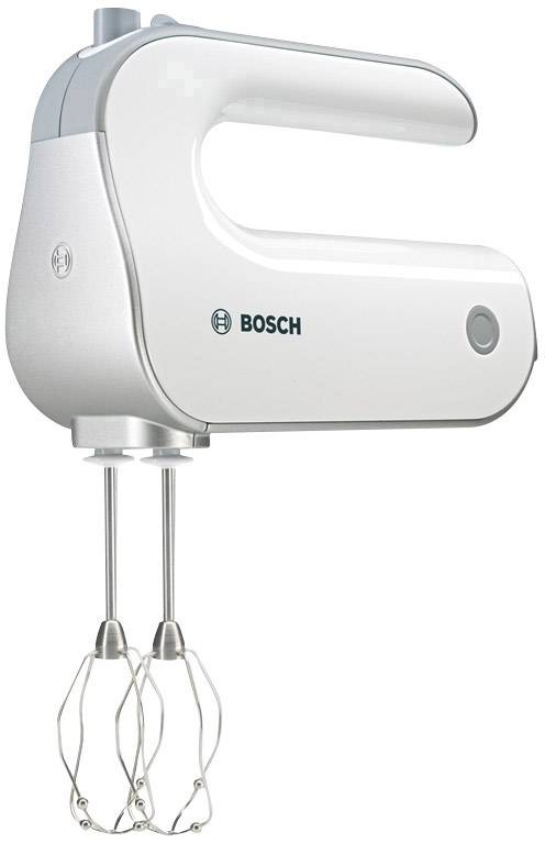 Bosch fehér kézi mixer két habverővel, semleges háttér előtt.