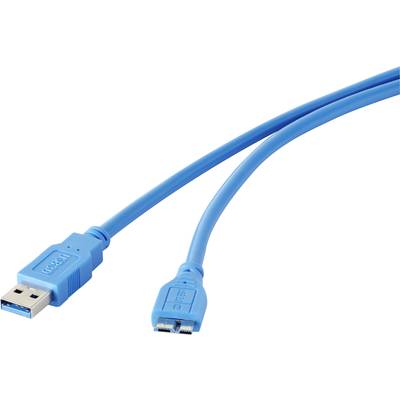 USB 3.0 csatlakozókábel, 1x USB 3.0 dugó A - 1x USB 3.0 dugó mikro B, 0,5 m, kék, aranyozott, renkforce