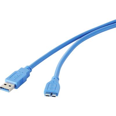 USB 3.0 csatlakozókábel, 1x USB 3.0 dugó A - 1x USB 3.0 dugó mikro B, 1,8 m, kék, aranyozott, renkforce