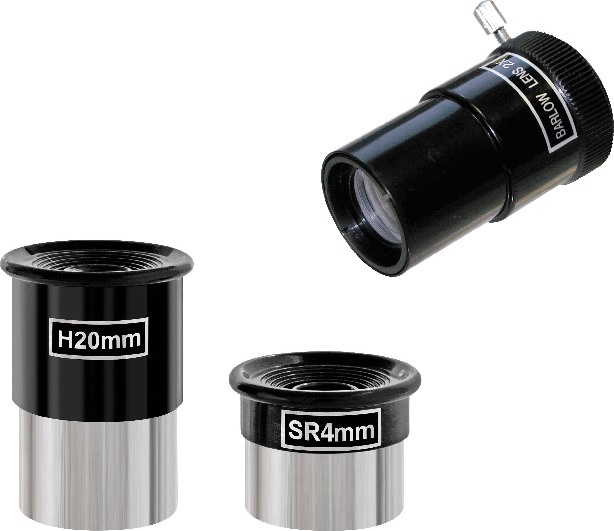 Három különböző teleszkóp-okulár: egy 20mm-es H2-okulár, egy 4mm-es SR-okulár és egy Barlow-lencse a nézetek nagyítására.
