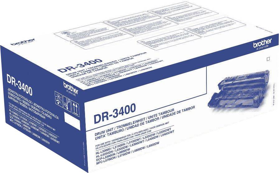 A Brother DR-3400 dobegység csomagolásán elöl látható a termék képe és a műszaki specifikációk.