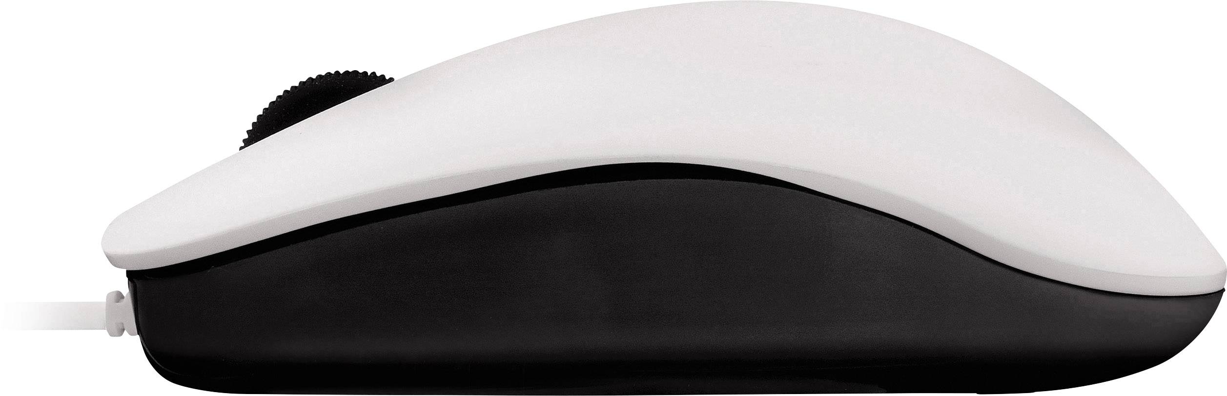 Egy fehér számítógépes egér fekete alappal és görgetőkerékkel, oldalnézetben.