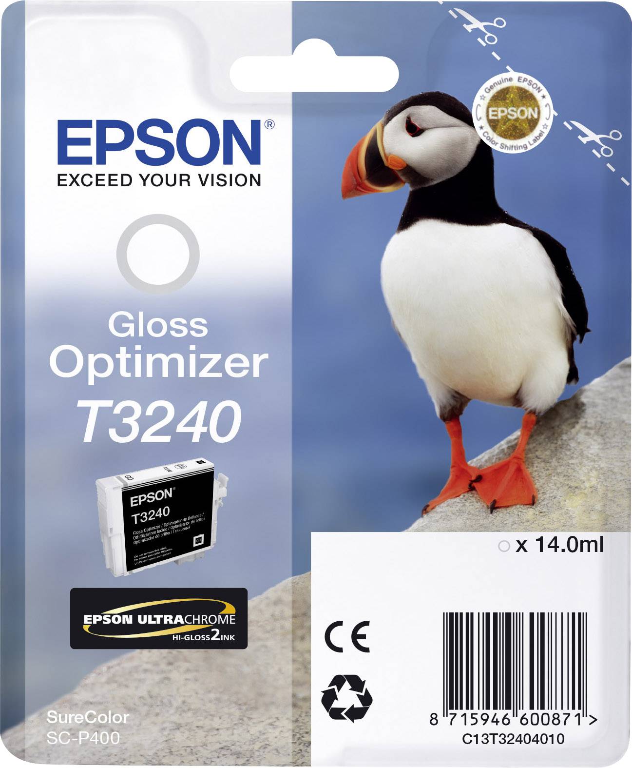 'Epson Gloss Optimizer T3240 csomagolás. Egy papagájbuksi képe, tartalmazza a tintapatron információit és sorozatszámát.'