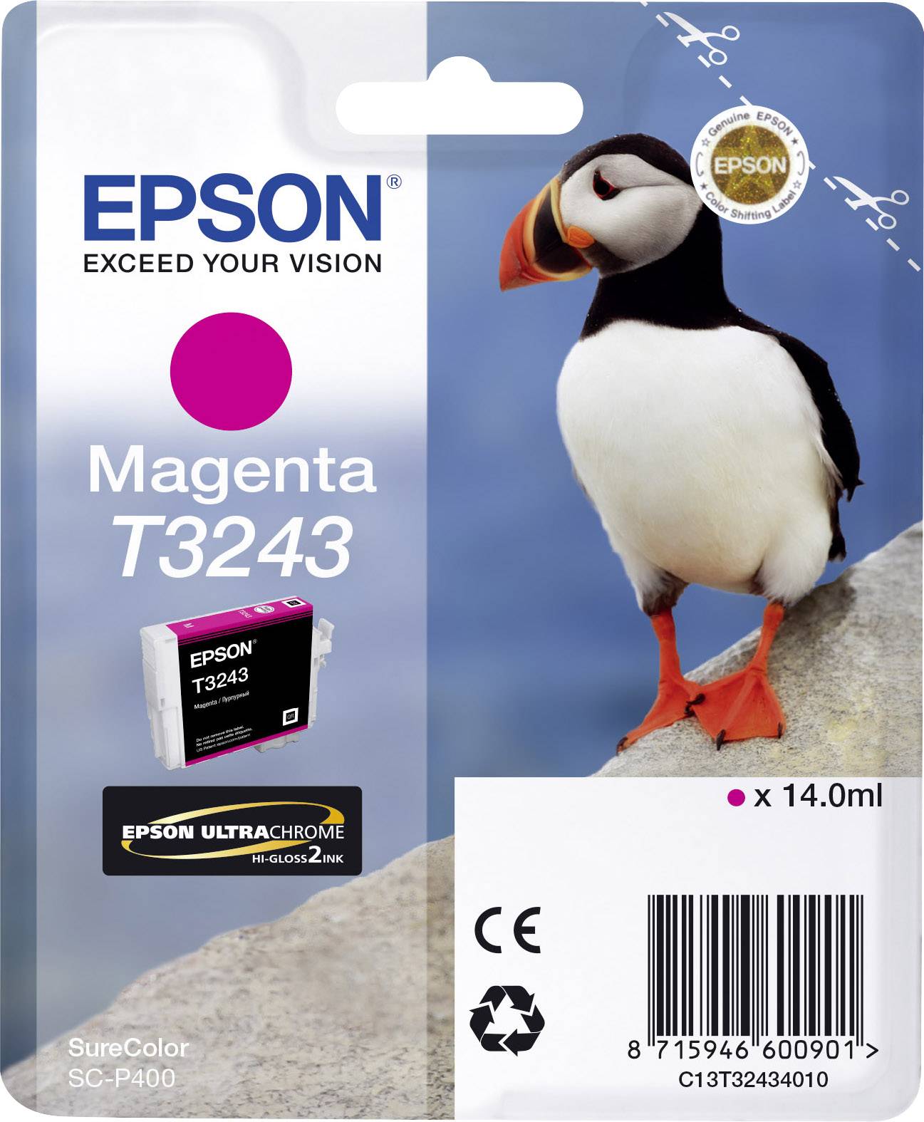 Epson T3243 magenta tintapatron Epson SureColor SC-P400 nyomtatóhoz. Térfogata 14,0 ml. A csomagolás egy papagájbuksi képét tartalmazza.