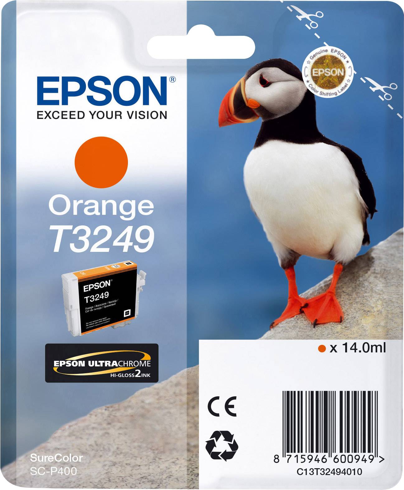 Egy narancsszínű Epson tintapatron, T3249-es modell, 14,0 ml tartalommal. A csomagoláson egy papagájbuksi képe látható.