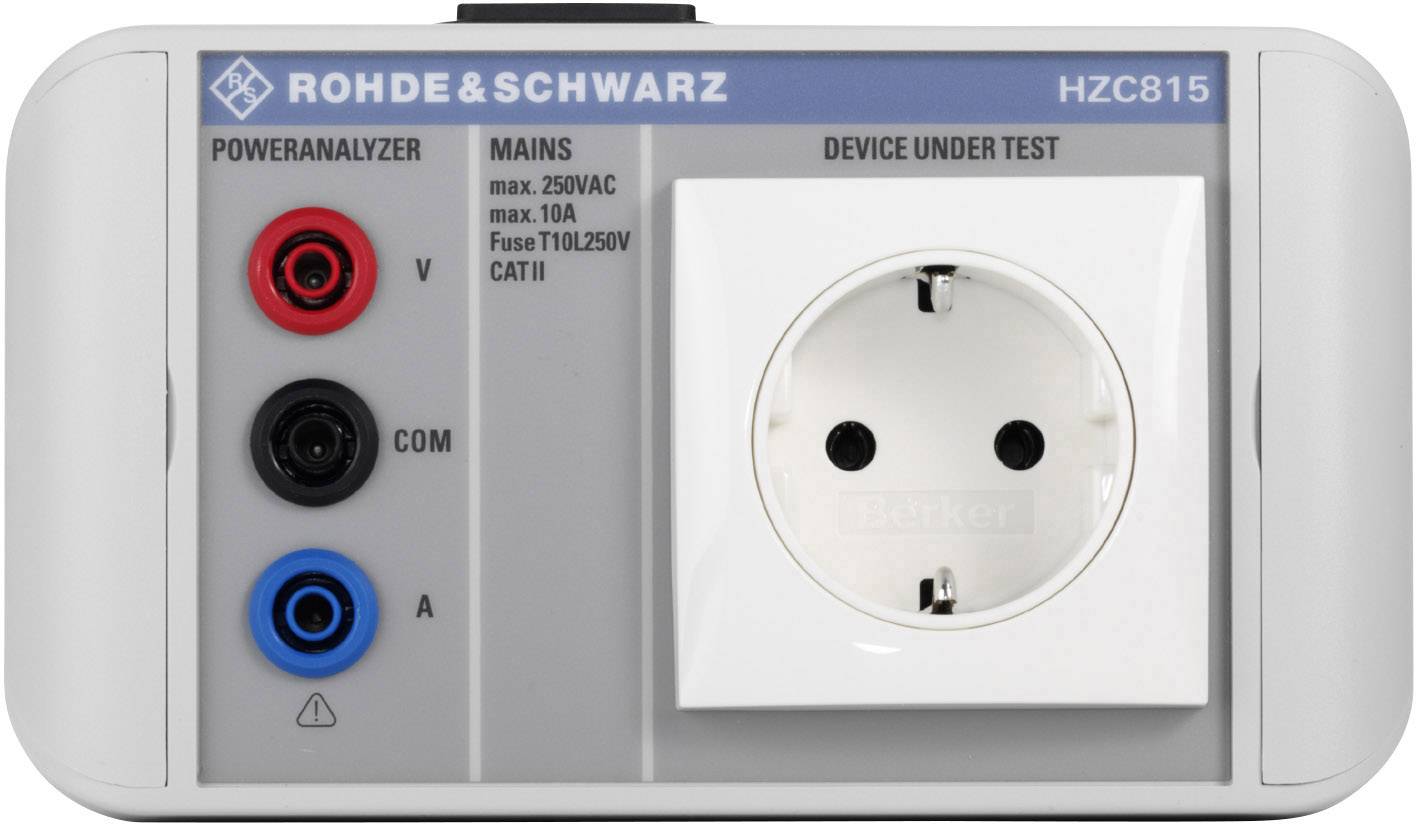 Egy Rohde & Schwarz elektromos mérőkészülék, hálózati csatlakozóval és csatlakozókkal feszültség, föld és áramerősség mérésére.