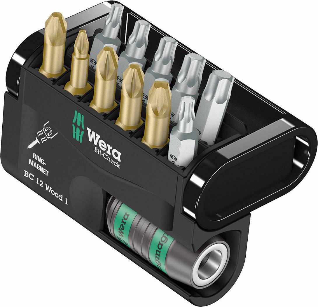 A 'Wera Bit-Check BC 12 Wood 1' egy kompakt bit-tartó 12 bittel, amelyek között arany és ezüst bitek találhatók, két sorban rendezve.