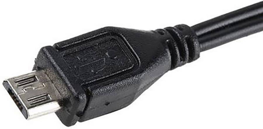 Fekete USB-kábel micro-USB csatlakozóval, tipikus töltő- és adatkábel, amelyet gyakran használnak okostelefonokhoz és más eszközökhöz.