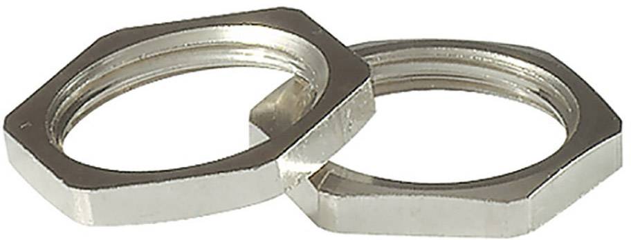 Két hatszögletű rozsdamentes acél anyacsavar egymás mellett, fehér háttér előtt.