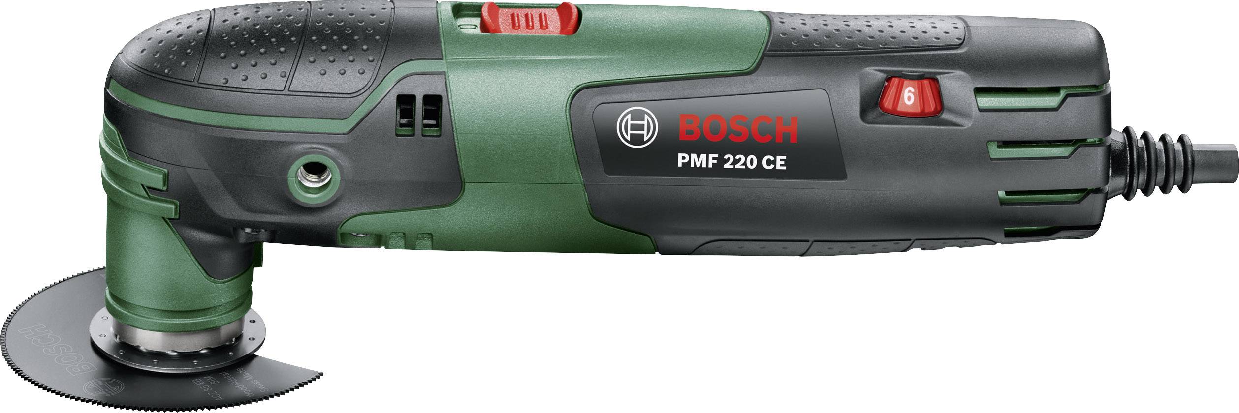 Egy zöld Bosch Multitool PMF 220 CE fekete fogantyúval és piros kapcsolóval, amely sokoldalú barkácsmunkákhoz használható.