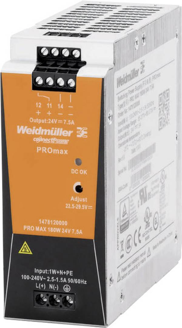 Weidmüller 1478120000 Kalapsínes tápegység  24 V/DC 7.5 A 180 W   Tartalom, tartalmi egységek rendelésenként 1 db