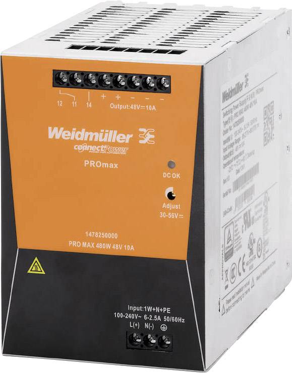 Egy Weidmüller PROmax tápegység. Teljesítmény: 480W, Kimenet: 48V, 10A. Feszültségbeállítás: 30-55V. 100-240V bemenet, 50/60Hz.