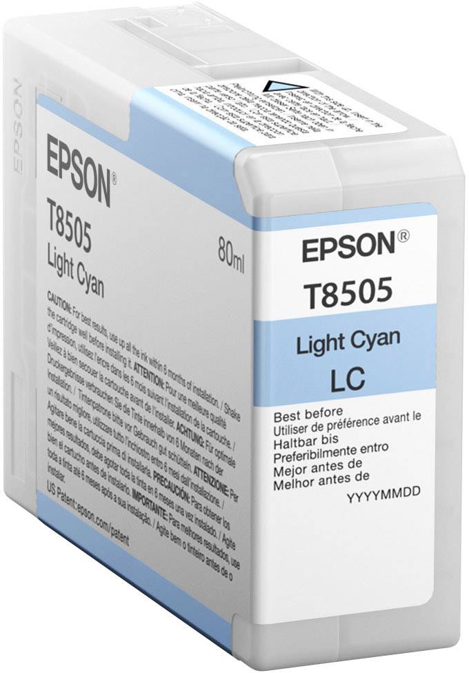 Epson T8505 nyomtatópatron, 80 ml, szín: Világoskék. Több nyelven tartalmaz figyelmeztető feliratokat és használati útmutatókat.