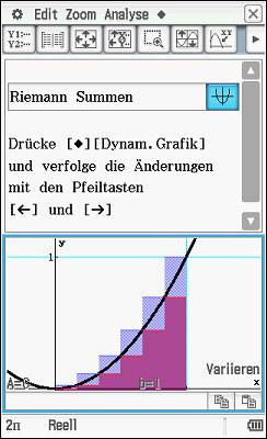 Matematikai szoftver felhasználói felülete Riemann-összegeket mutat diagrammal: fekete görbe, kék és piros oszlopok alul, szöveges útmutatások a használathoz.