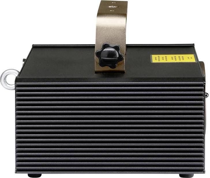 Egy fekete projektor, barna színű fogantyúval és bordázott szellőzőnyílásokkal az elején. Tetején egy sárga figyelmeztető címke.