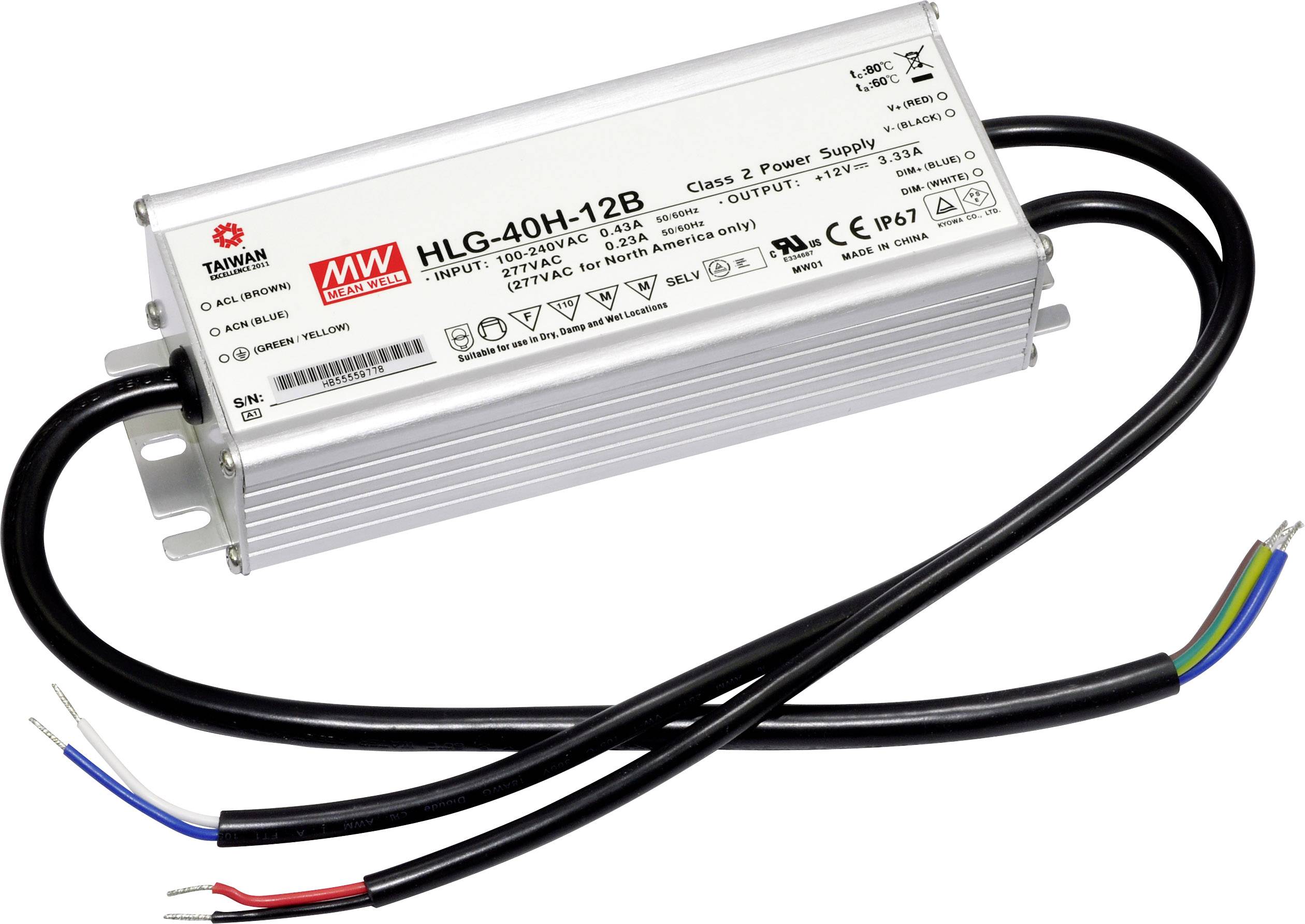 LED meghajtó, LED transzformátor Állandó feszültségű, Állandó áramú Mean Well HLG-40H-12B 39 W 3.33 A 7.2 - 12 V/DC Dimmelhető