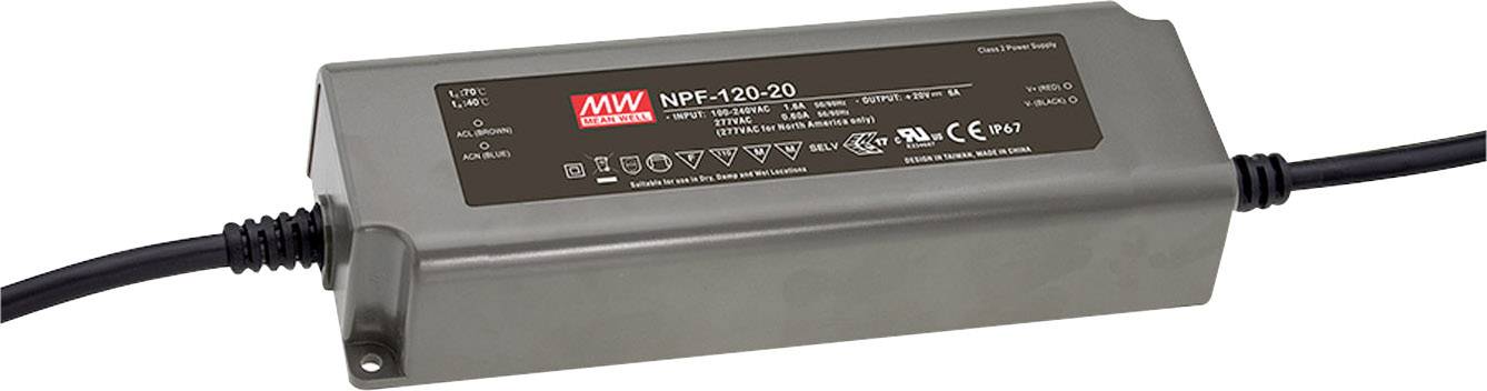 MEAN WELL NPF-120-20 LED meghajtó, LED transzformátor Állandó feszültségű, Állandó áramú 120 W 6 A 18 - 20 V/DC Fényerő-szabályozó nélkül, PFC-áramkör,