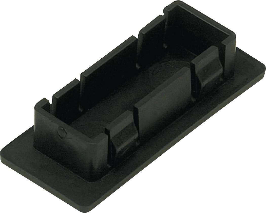 Egy négyszög alakú, fekete műanyag adapter négy belső tartóval, amely elektronikai alkatrészek szerelésére vagy rögzítésére alkalmas.