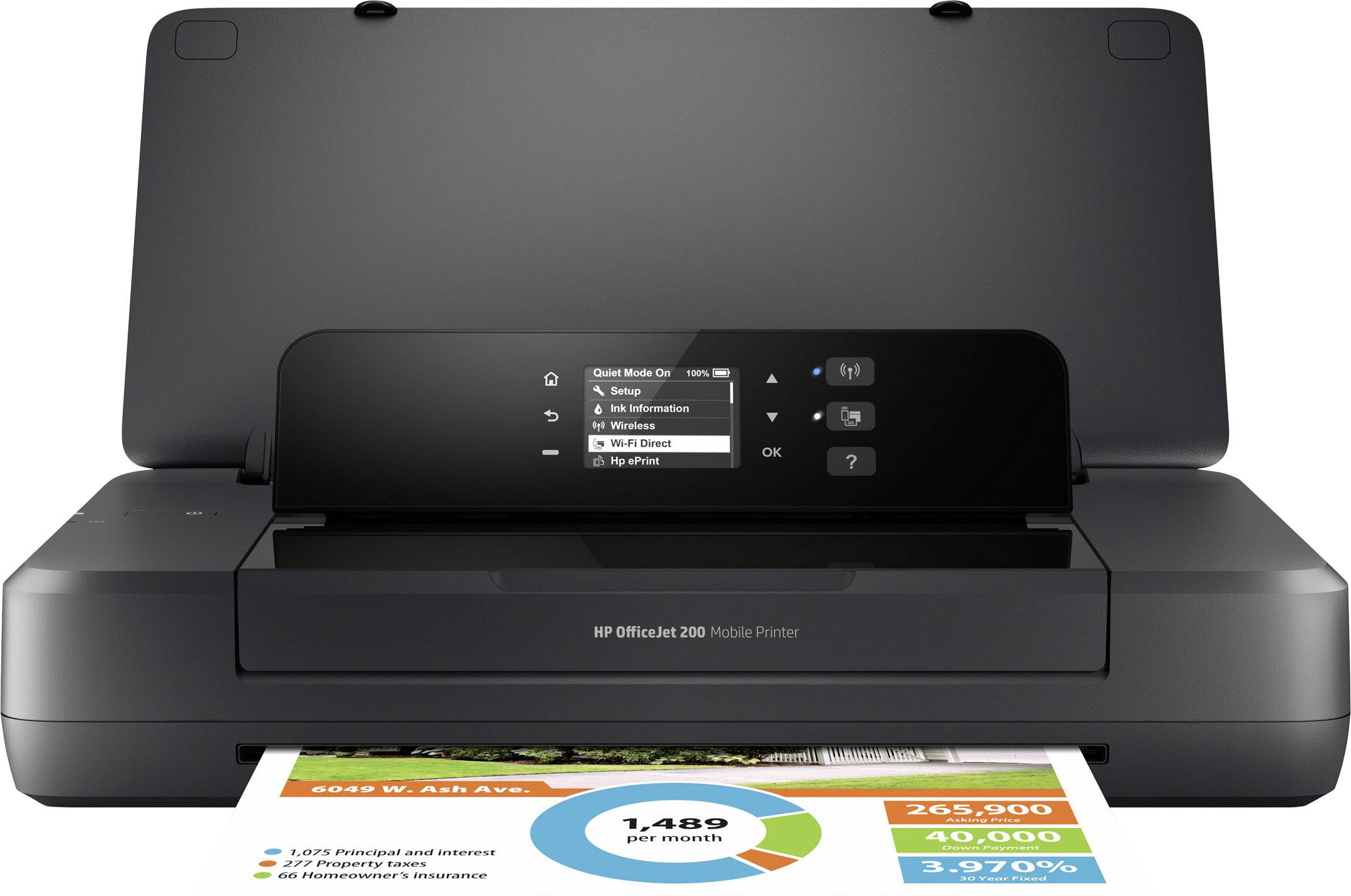 Mobil nyomtató felső kezelőpanellel, amely egy többszínű diagramot nyomtat. 'HP OfficeJet 200' modell.