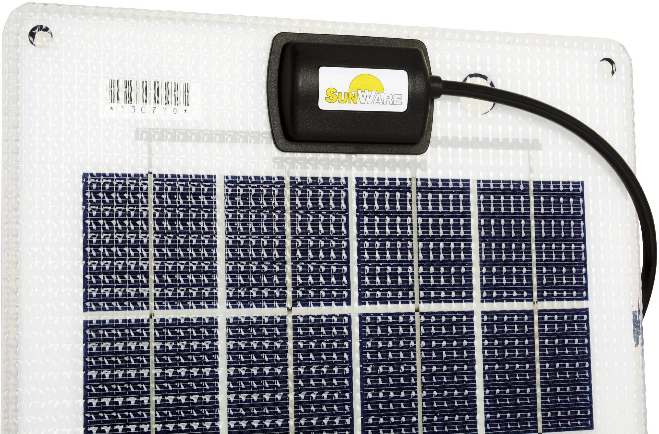 Egy napelem modul több kisméretű, sötétkék napelemcellával és egy fekete csatlakozóval, amelyen sárga 'SunWare' logó látható.