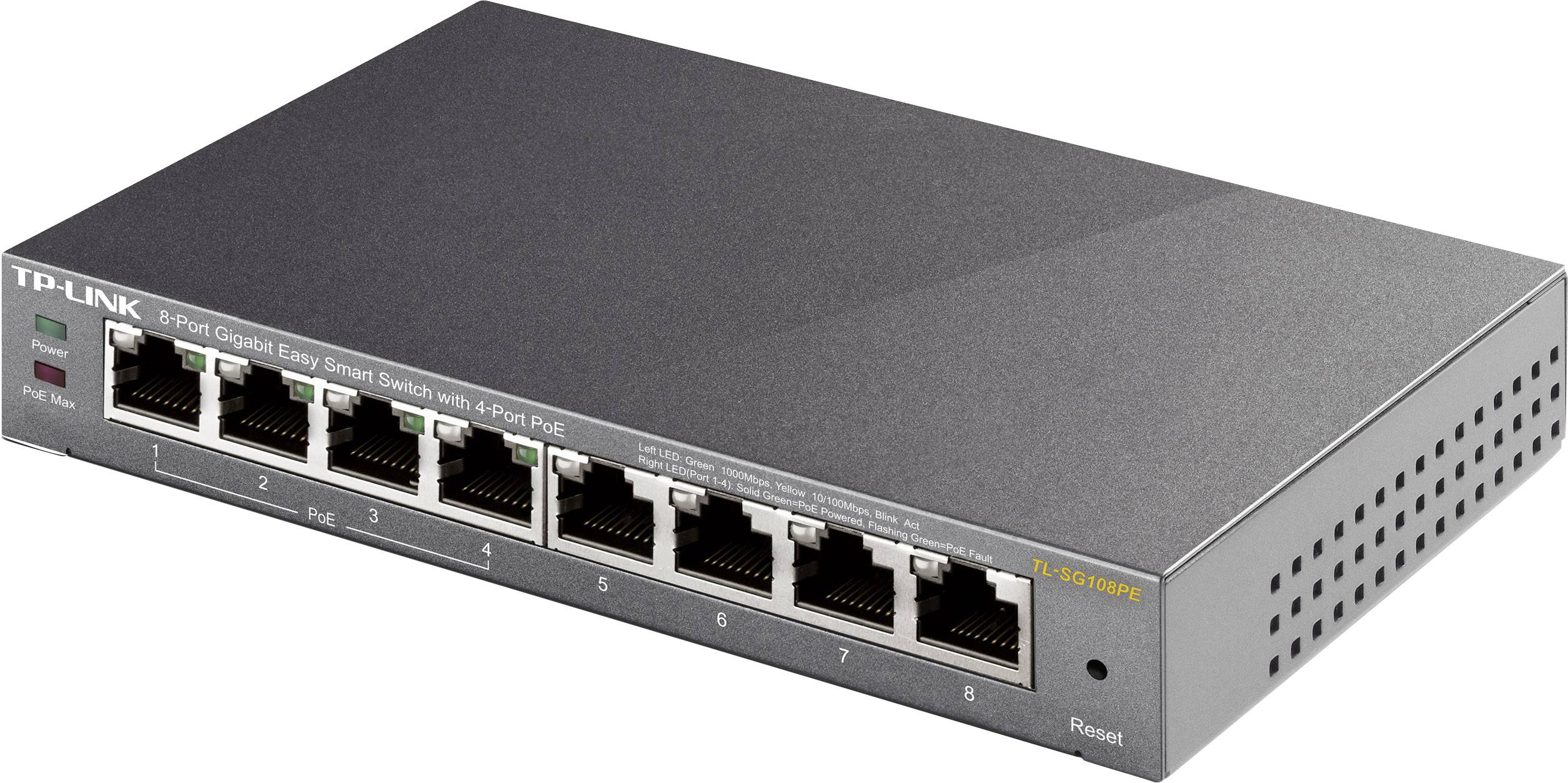 Egy 'TP-Link' 8 portos Gigabit Easy Smart Switch 4 PoE-porttal. A készülék szürke és hálózati kapcsolatok céljára lett tervezve.