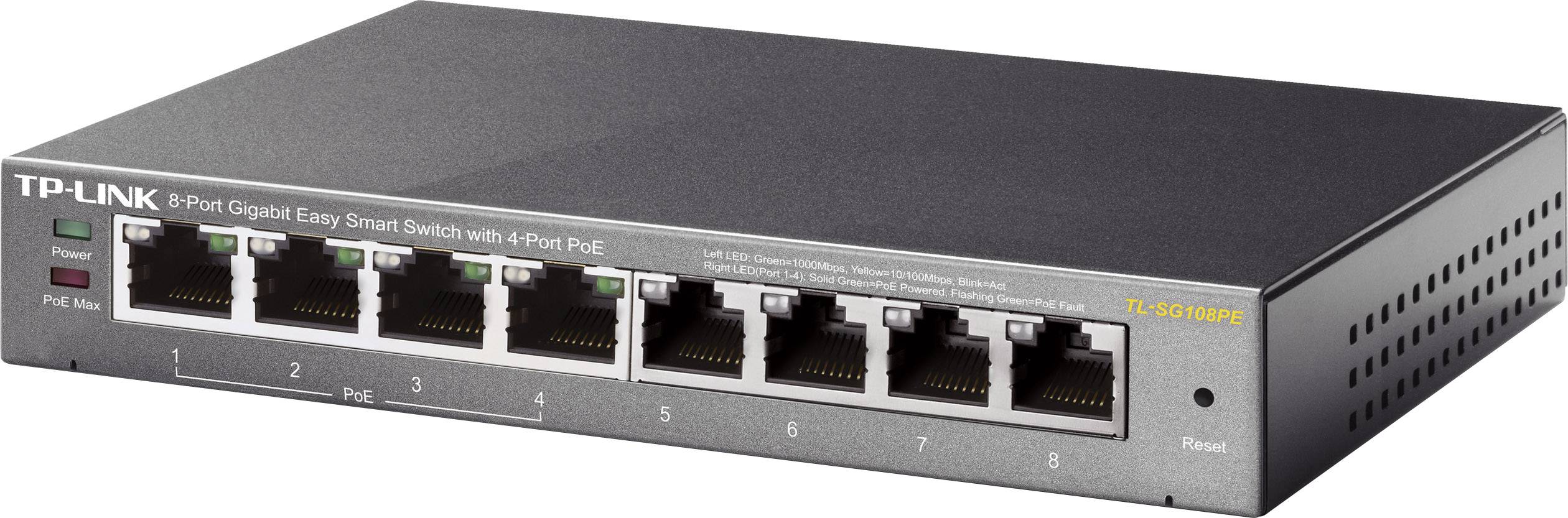 TP-Link 8 portos Gigabit Easy Smart Switch 4 PoE porttal. Nyolc Ethernet portot és hálózati kapcsolatok állapotát jelző Power LED-eket mutat.
