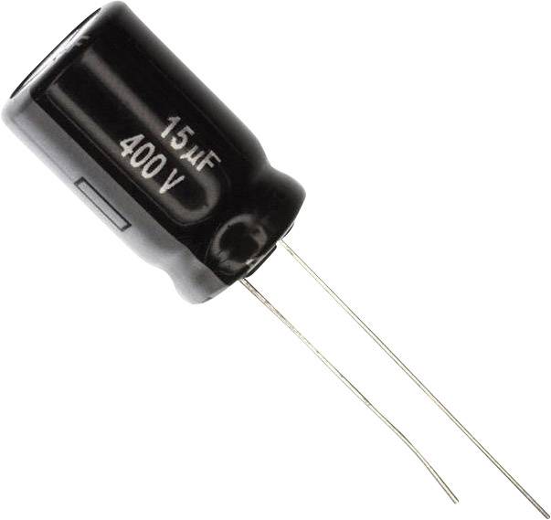 Egy fekete hengeres elektrolit kondenzátor, amelyen a '15µF 400V' felirat szerepel, két huzalkivezetéssel.